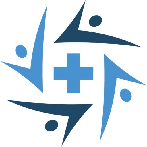 A blue medical cross surrounded by four abstract human figures in a circular pattern, symbolizing health and community—perfect for an Elementor Header.